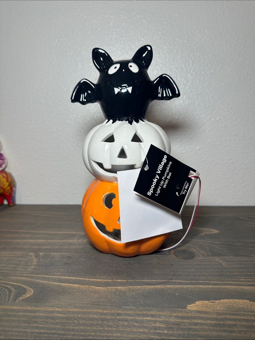 Black Bat over White & Orange Pumpkin Ceramic Stack